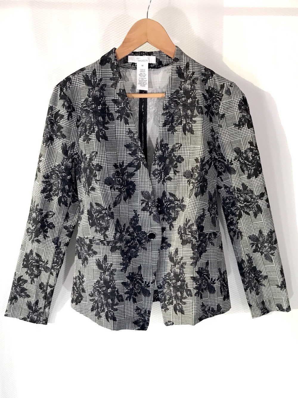 89th & Madison Check Floral Collarless Blazer Lightweight Stretch M - Fits Small